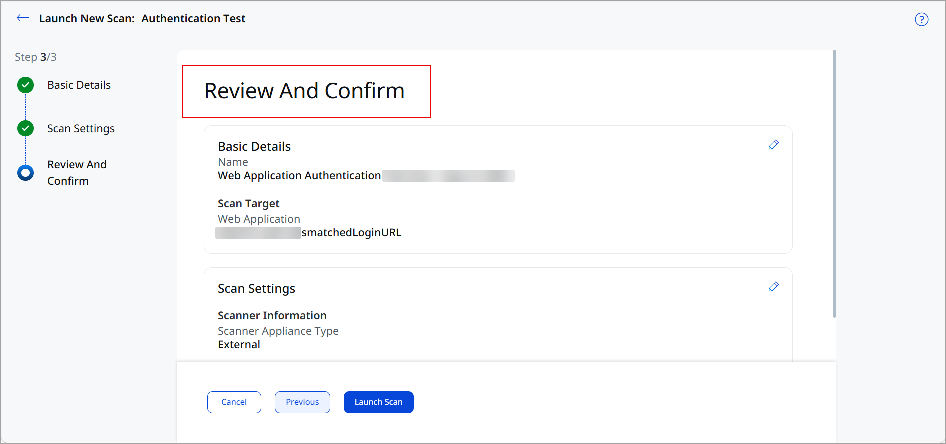Review and Confirm page of the Launch Test Authentication workflow.